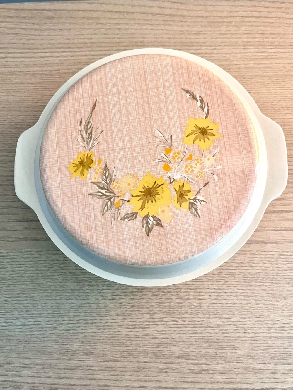 Vintage Bimbo Melamine Covered Casserole Dish Yellow Floral Plaid Lid ~8.5in